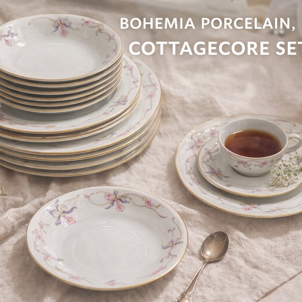 Vintage Bohemia Donatello China Set Floral Gold Rim Czechoslovakia Lot